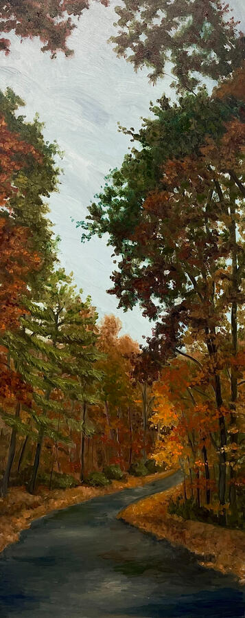 Beneath the Autumn Canopy, oil on linen. 2024. 16x40x2" Unavailable.